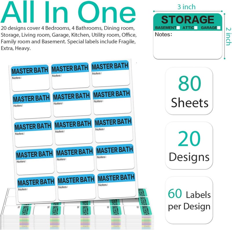 Lrogoe 1200 Count 3 x 2 Inch Large Home Moving Packing Box Labels with Writable Notes Areas, 17 Color Coded + Fragile + Heavy + Blank Labels - Image 2